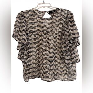 The Kooples silk blouse black and white floral pattern tiered ruffle sleeve S